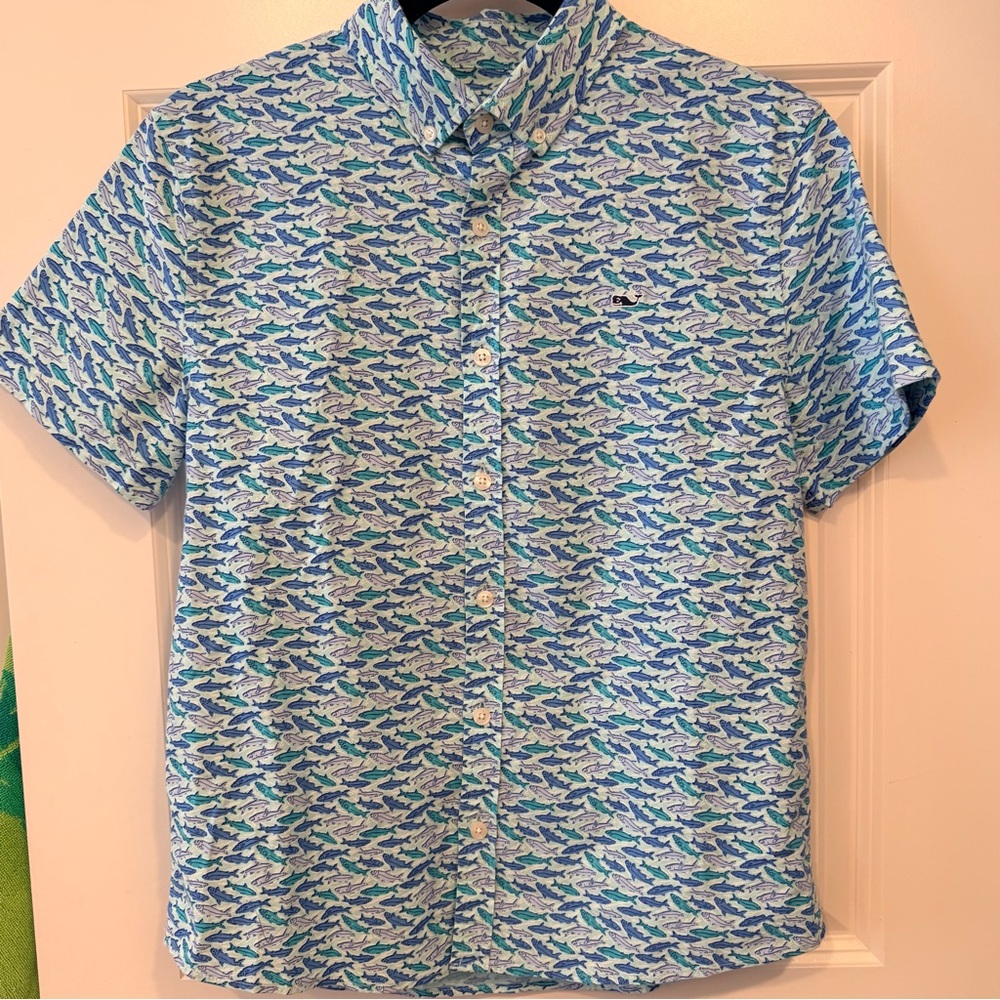 Vineyard Vines Kids Short-Sleeve Shark Print Button-Down in Blue & Green